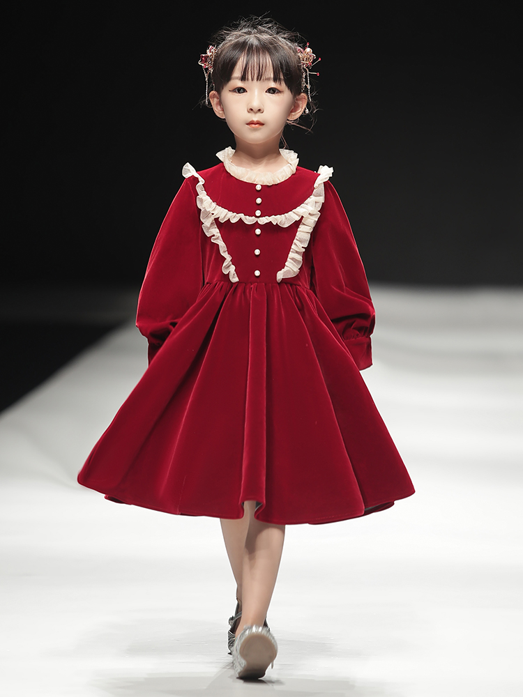 定制儿童礼服女童公主裙2024新款气质主持人钢琴演出服红色表演服