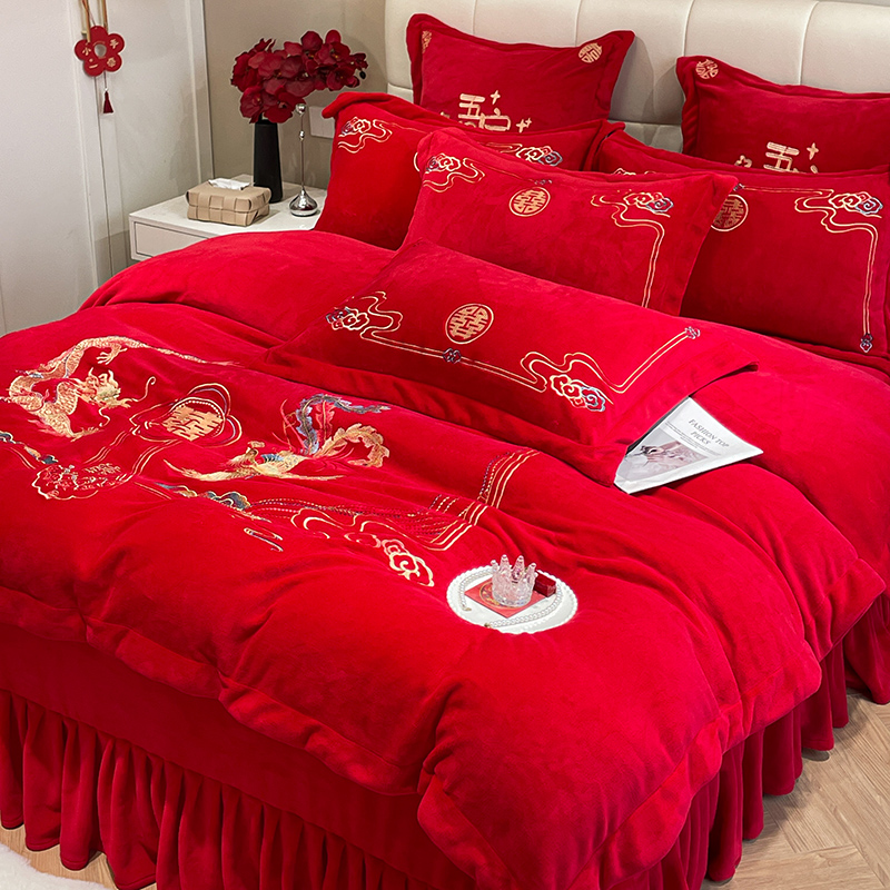 中式龙凤刺绣牛奶绒结婚四件套婚庆大红喜被罩床单法兰绒冬季床品