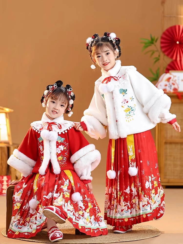 中国风儿童汉服冬季加厚古装加绒演出服女童喜庆服宝宝拜年服唐装