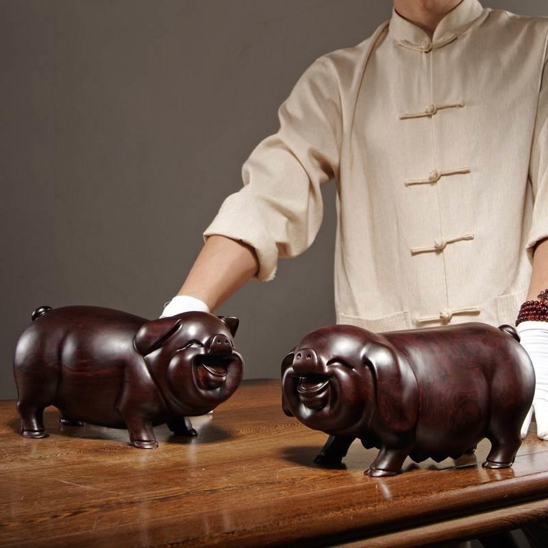 黑檀实木质雕刻一对猪摆件十二生肖动物猪家居客厅装饰红木工艺品