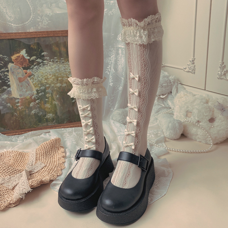 袜贵人新品唯美小蝴蝶结装饰蕾丝少女花边中筒袜洛丽塔软妹堆堆袜