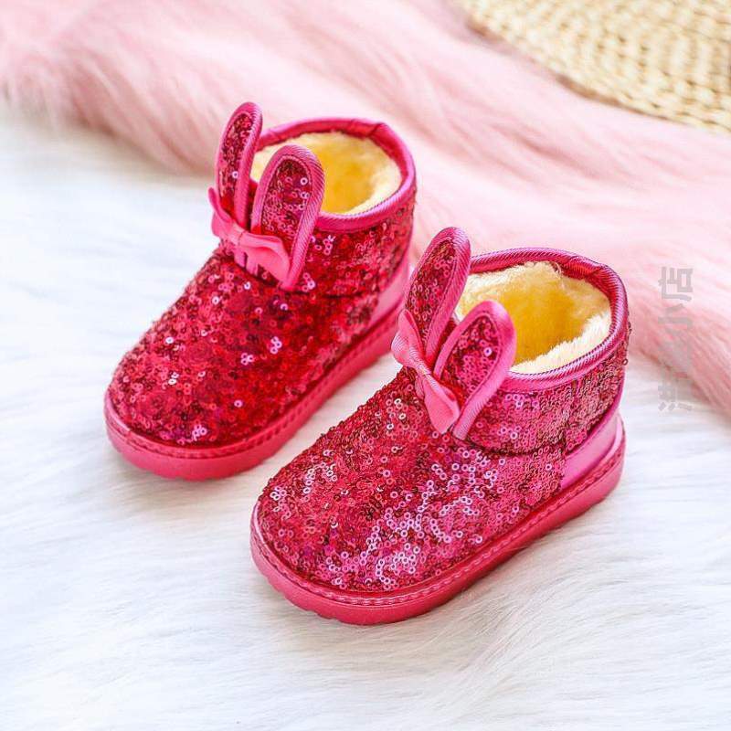鞋加绒雪地洋靴高帮加厚女童女款短靴粉色儿童,冬季面包鞋子亮片