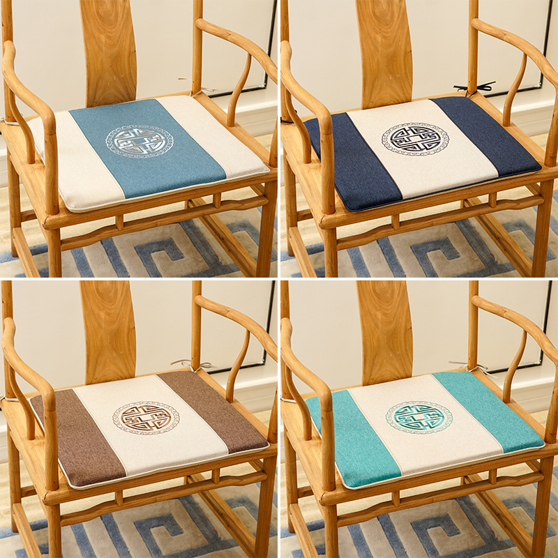新中式棉麻刺绣太师椅圈椅垫红木沙发家具餐桌茶椅子亚麻坐垫定制