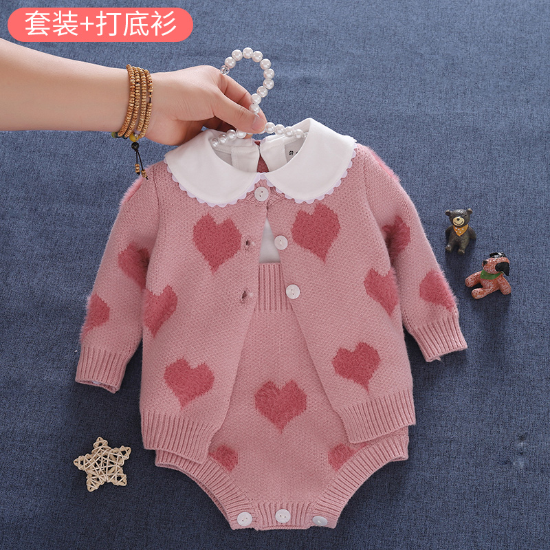 新款女宝宝冬装一岁周岁婴儿毛衣背带针织衫开衫洋气套装秋冬外套