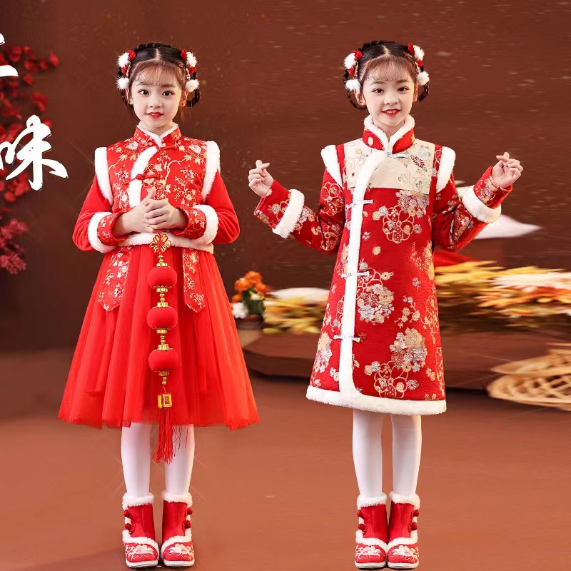 女童新年装红色冬季汉服中国风女宝唐装冬装旗袍儿童拜年服冬款女
