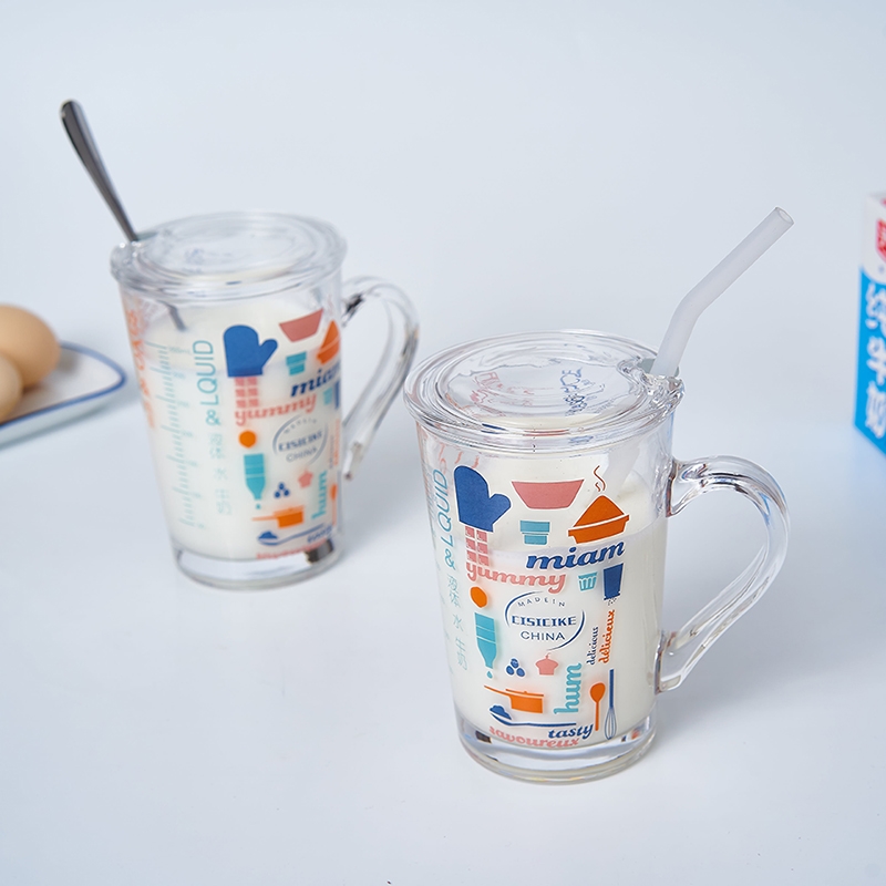 创意个性耐热带刻度牛奶杯儿童水杯早餐杯可带吸管奶茶杯带盖带勺