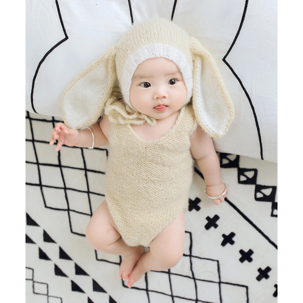 ins风百天宝宝长耳朵兔子帽子套装拍照摄影服装婴儿满月半岁照相