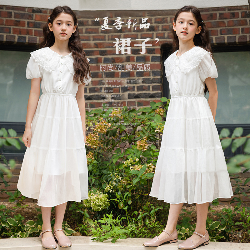 女童连衣裙夏季荷叶领白色长裙韩版新款中大童学院风洋气公主裙