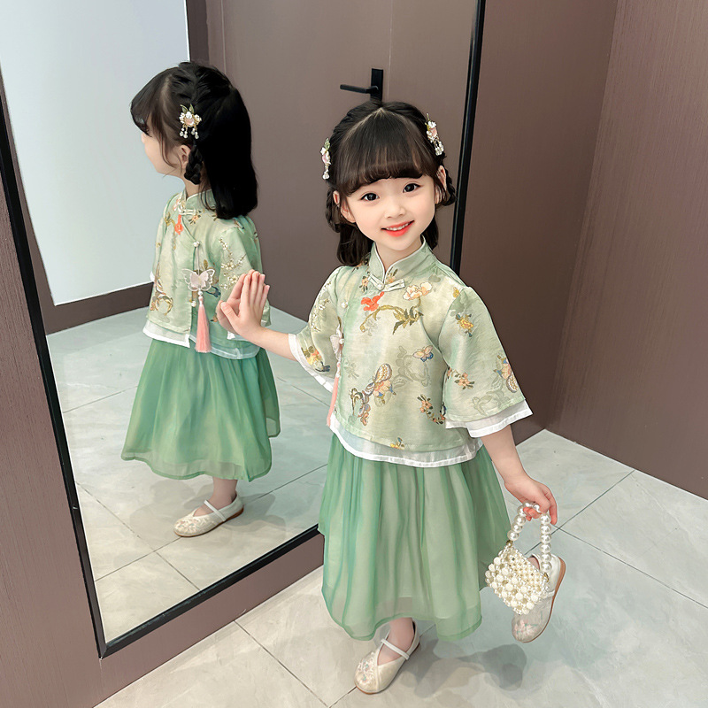 女童夏季新款雪纺中国风唐装套装两件套表演服六一唐装一件代发