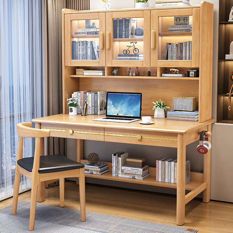 书架书柜组合一体台式电脑桌实木儿童学习书桌家用卧室学生写字台