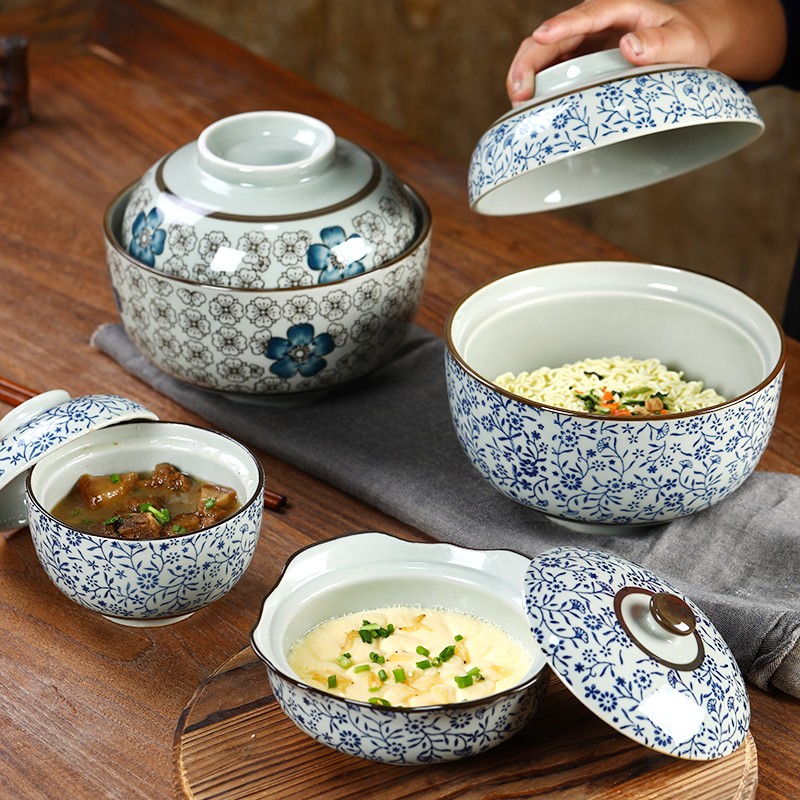 景德镇日式釉下彩6.5英寸带盖泡面碗家用陶瓷蒸蛋碗蒸菜碗炖汤碗