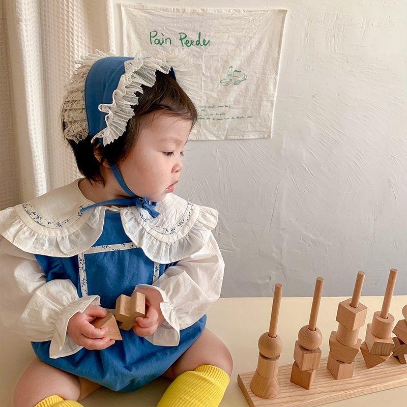 韩版婴童小宝宝哈衣甜美长袖花边衬衣三角爬两件套春季女宝宝套装