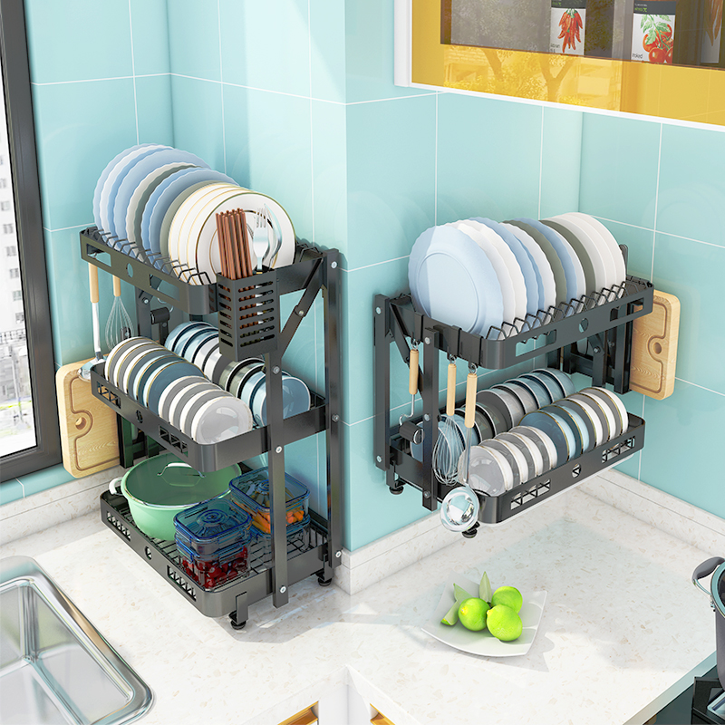 不锈钢厨房置物架可折叠碗筷收纳盒多功能免打孔壁挂式碗碟沥水架