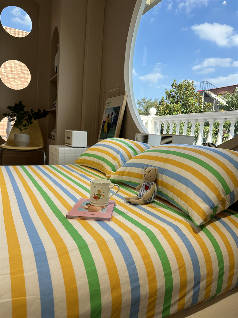 多巴胺个性黄蓝绿条纹纯棉床笠床单单件1.35m1.8米保护套宿舍床罩