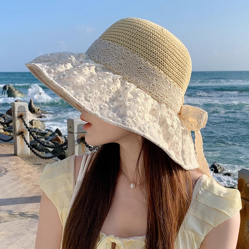 2024款夏季海边度假防晒遮阳草帽时尚可折叠大帽檐蕾丝雏菊黑胶帽