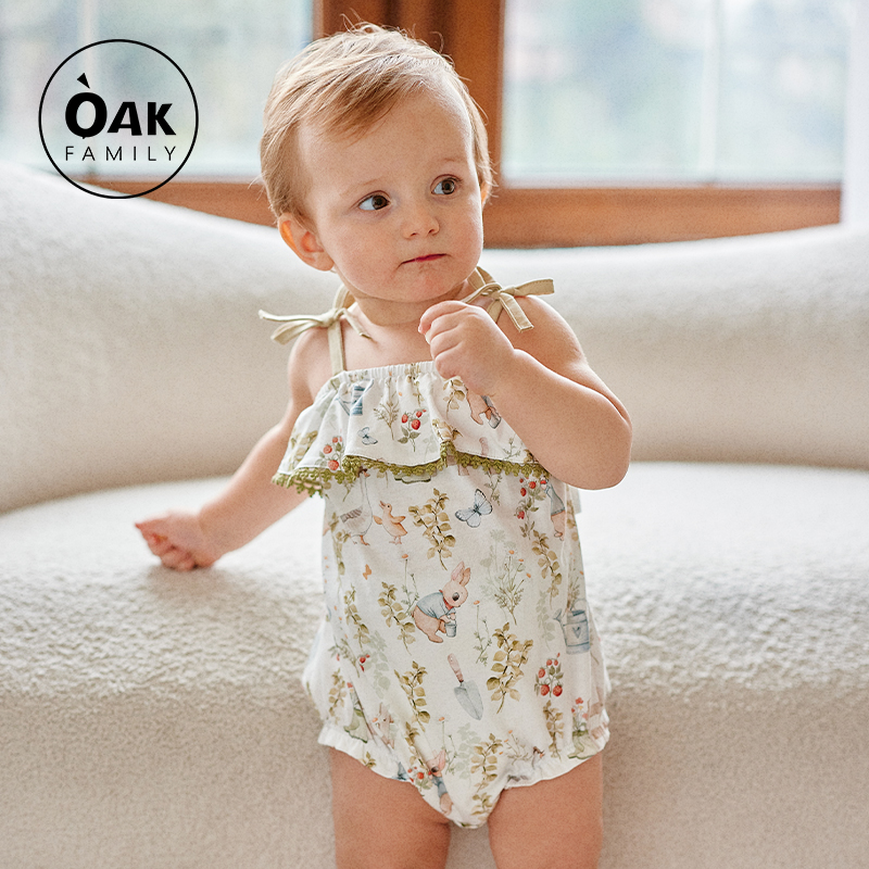 Oak Family婴儿吊带包屁衣花边夏季薄款连体衣宝宝衣服三角爬服