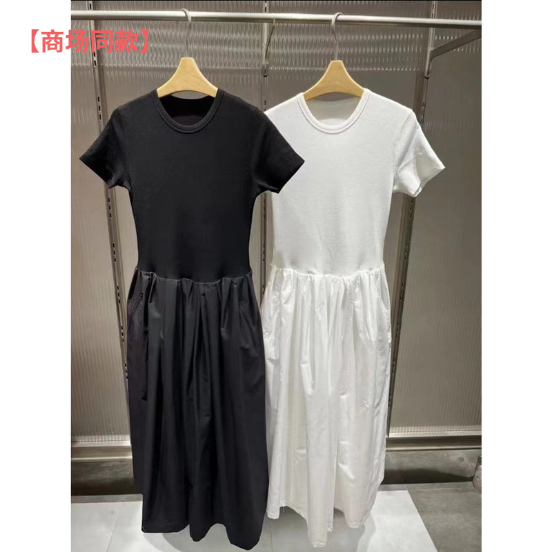 【商场同款】江南家2024夏中长款修身气质圆领短袖黑色连衣裙长裙