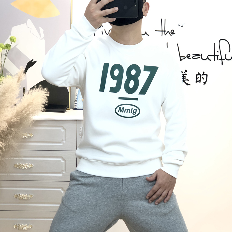 韩国mmlg宽松T恤1987字母卫衣男白色圆领纯棉长袖上衣加绒秋冬款
