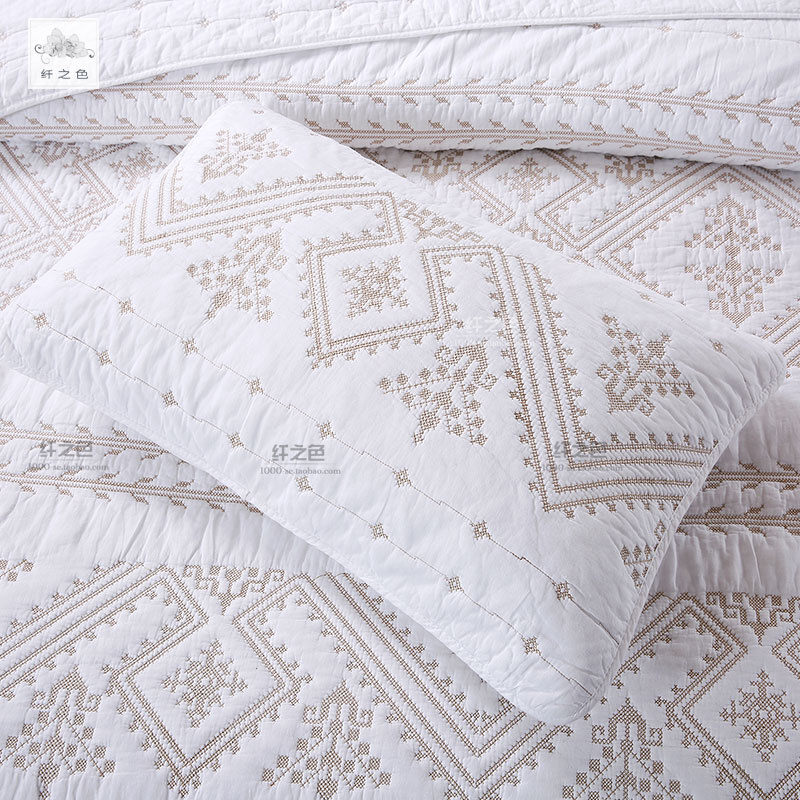 全棉复古法式纯色空调被白色绗缝被床盖三件套双人夹棉床单纤之色