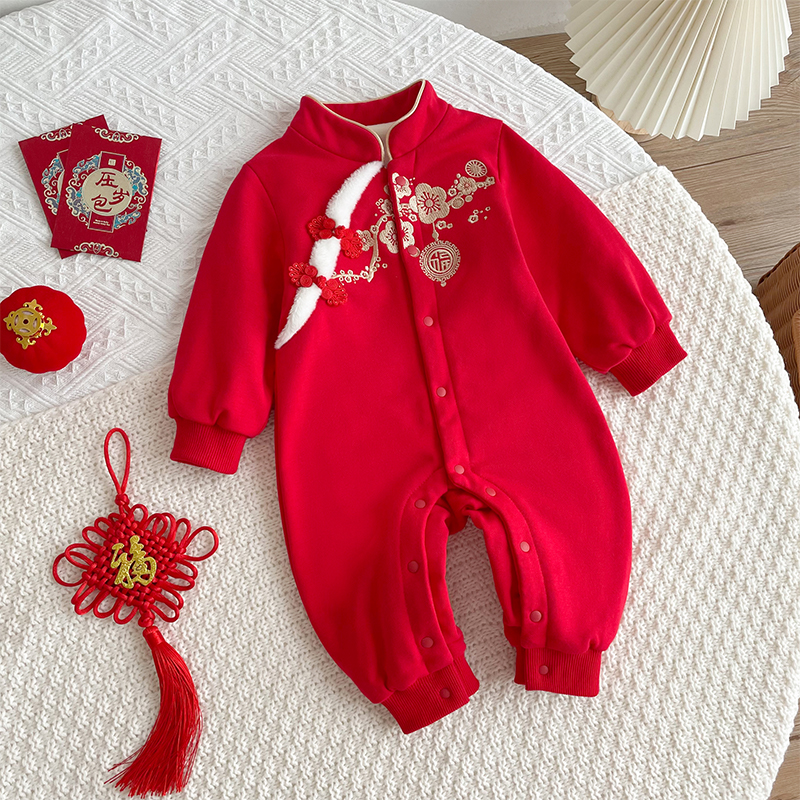 周岁礼服女宝宝连体衣一岁婴儿生日满月百天大红礼服秋装加绒衣服