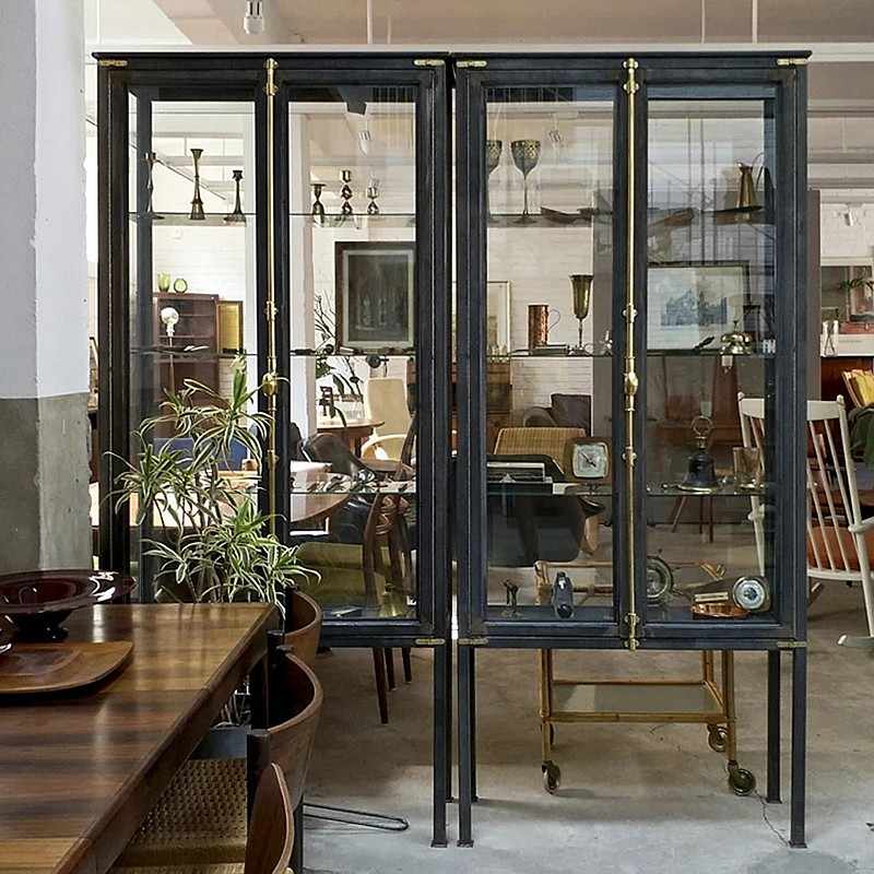 复古铁艺透明玻璃展示柜乐高手办工业风酒柜置物架精品陈列柜带灯