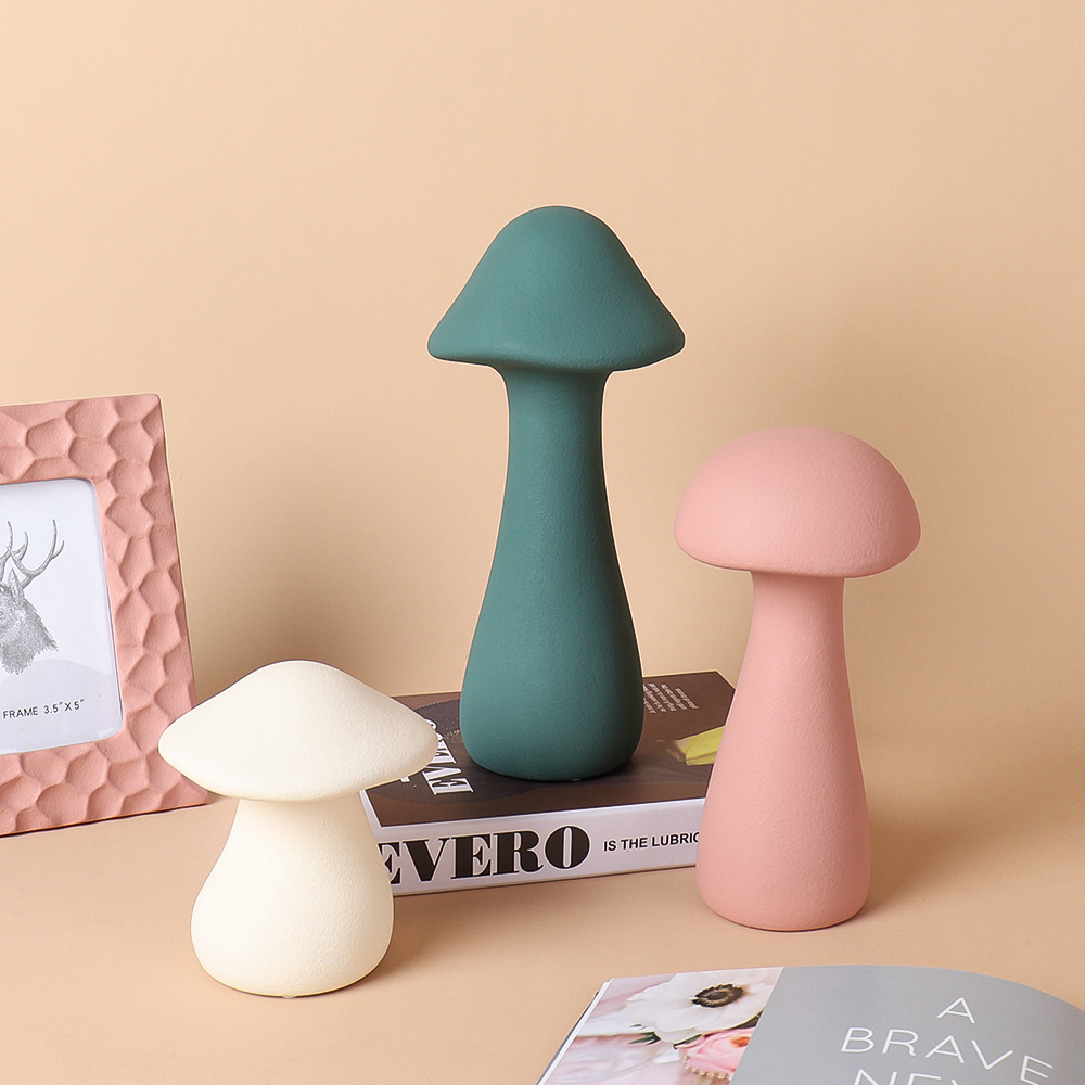 创意可爱莫兰迪色仿真小蘑菇陶瓷摆件样板房儿童房间布置桌面装饰