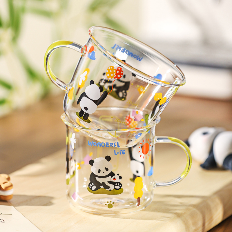 川岛屋原创熊猫高硼硅玻璃杯子家用耐高温儿童刻度水杯果汁牛奶杯