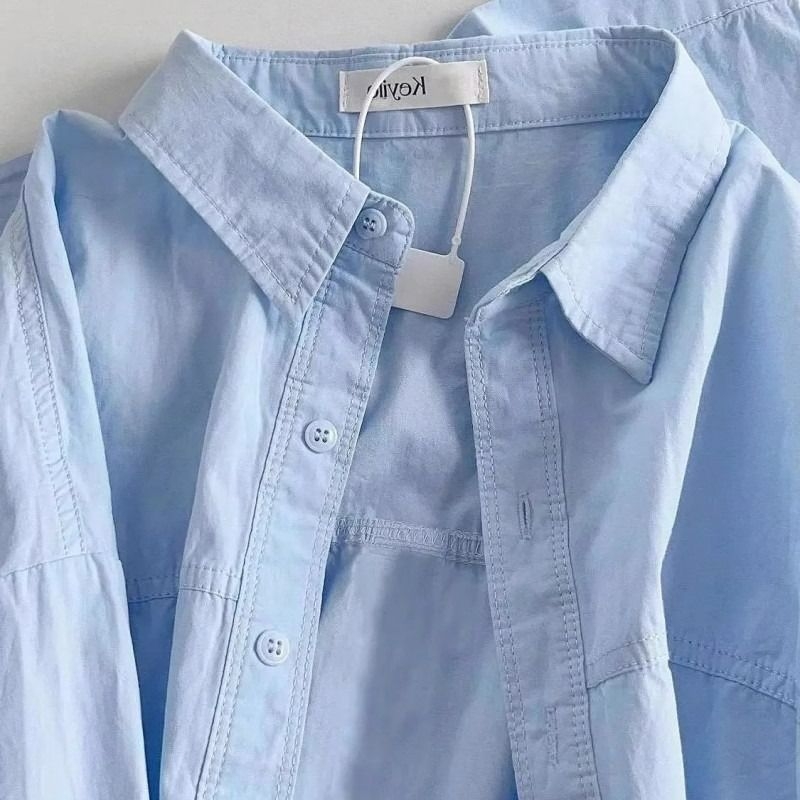 蓝色纯棉衬衫女长袖2024春装小衫新款别致宽松上衣洋气衬衣外穿