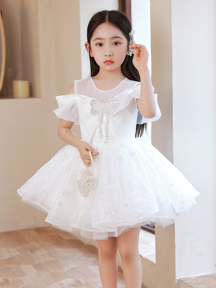 定制女童礼服公主裙新款白色花童婚礼小主持人儿童生日钢琴演出服