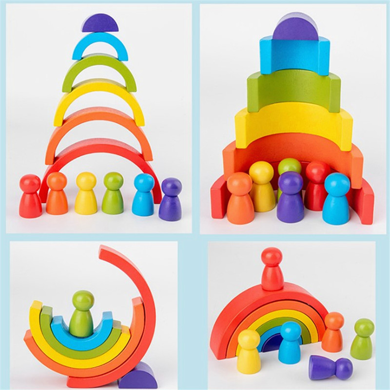儿童早教叠叠乐玩具幼儿园益智区木制拼装彩虹房子小人积木组合