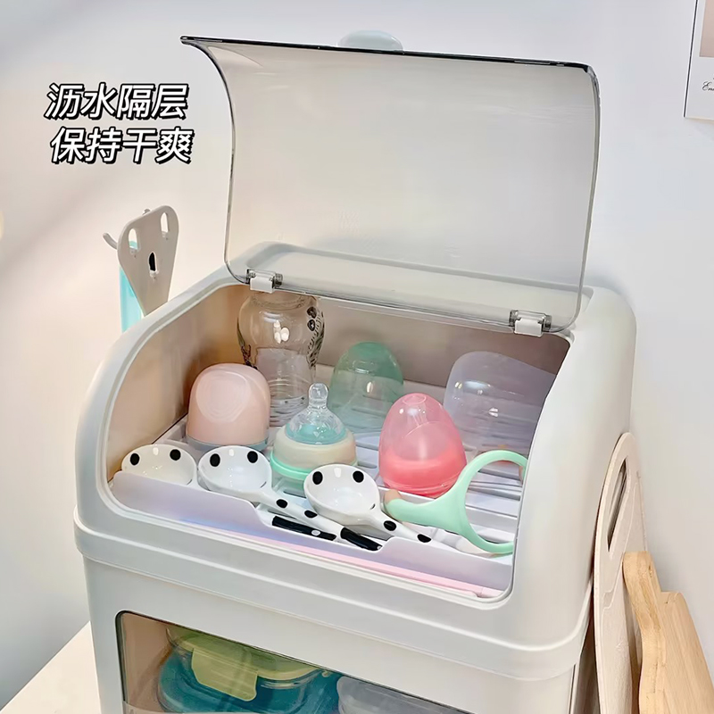 宝宝奶瓶收纳箱婴儿辅食工具置物柜带盖子J防尘碗筷餐具沥水架收