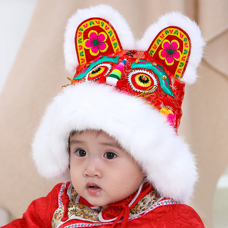 民族风手工兔毛男女婴儿宝宝虎头帽子冬季大人新年抓周儿童老虎帽
