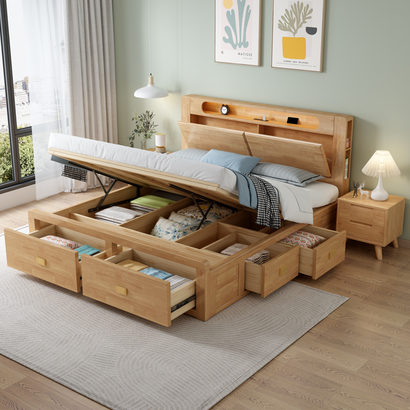 全实木床时尚轻奢1.2米1.5m现代简约双人1.8米高箱体式抽屉储物床