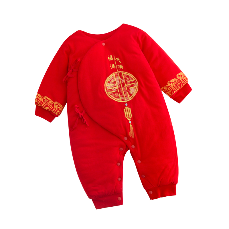 速发新生婴儿秋冬季宝宝连体衣过年喜庆衣服拜年服哈衣红色中国风