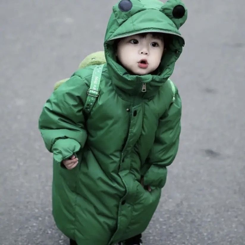 儿童羽绒服2023冬款韩版卡通青蛙白鸭绒男童长款外套婴儿冬季衣服