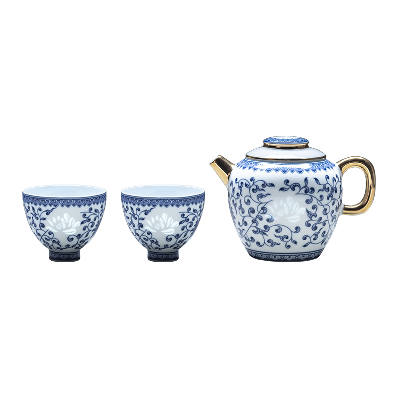 景德镇陶瓷旅行茶具一壶两杯青花玲珑描金功夫茶具心如莲花