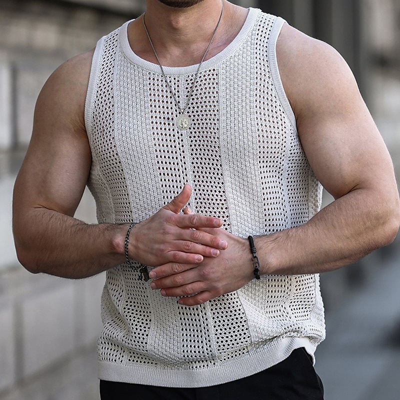 外贸男装夏季新款镂空针织衫男士无袖修身针织背心Men's vest