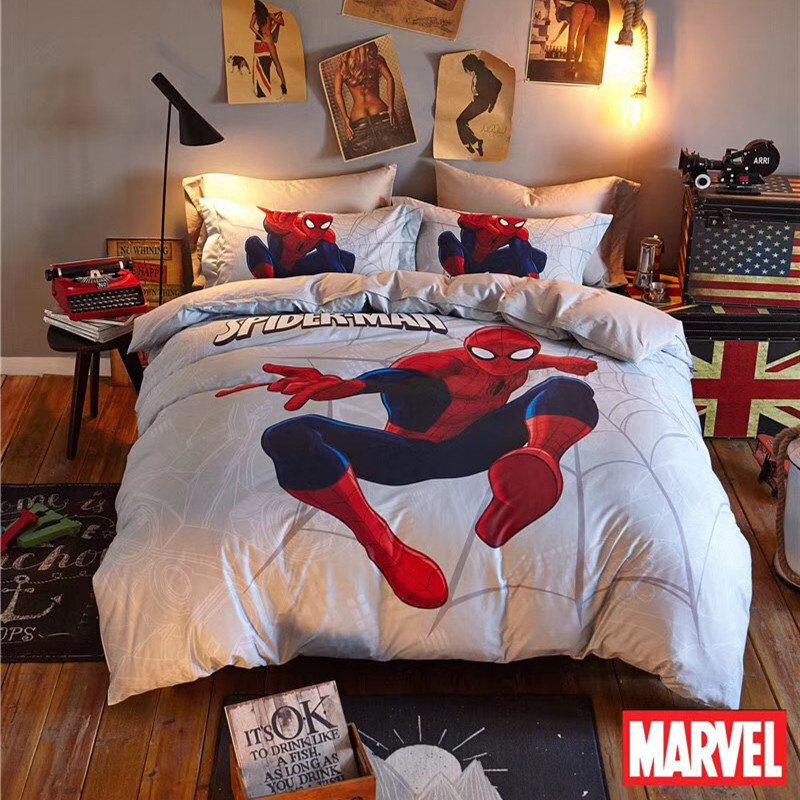 迪士尼蜘蛛侠全棉床单四件套纯棉漫威男孩卡通钢铁侠被套床上用品