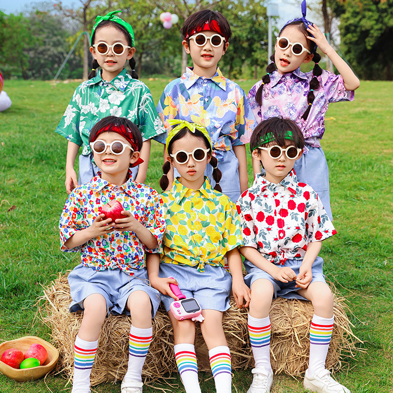 六一儿童啦啦队演出服港风花衬衫套装幼儿园男女小学生运动会服装