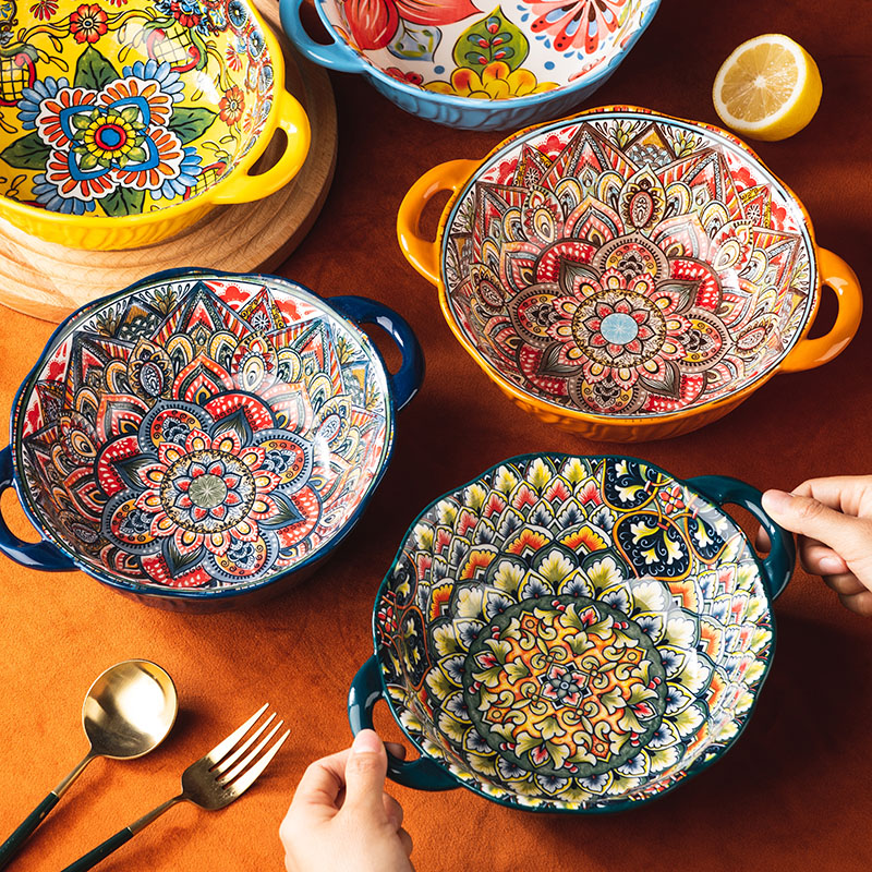 波西米亚双耳碗汤碗家用陶瓷碗个人泡面碗餐具面碗大碗汤盆沙拉碗