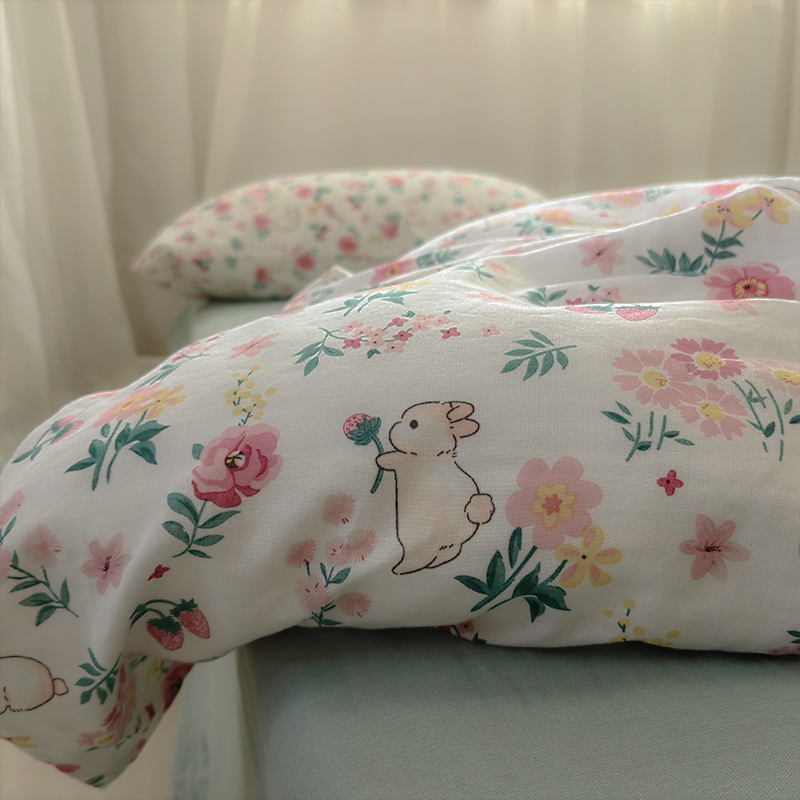 A类婴儿级可爱草莓小兔子双层纱被套单件全棉被罩定做幼儿园褥套