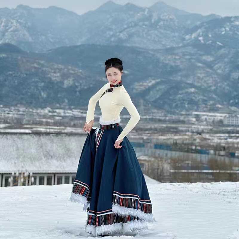 新款藏族舞蹈演出服装女民族风艺考练习学生课堂大摆裙练功半身裙