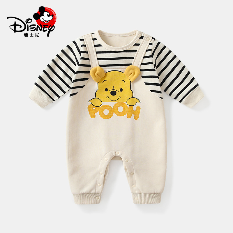 迪士尼官方授权婴儿连体衣小熊维尼条纹假两件宝宝衣服新生儿服装