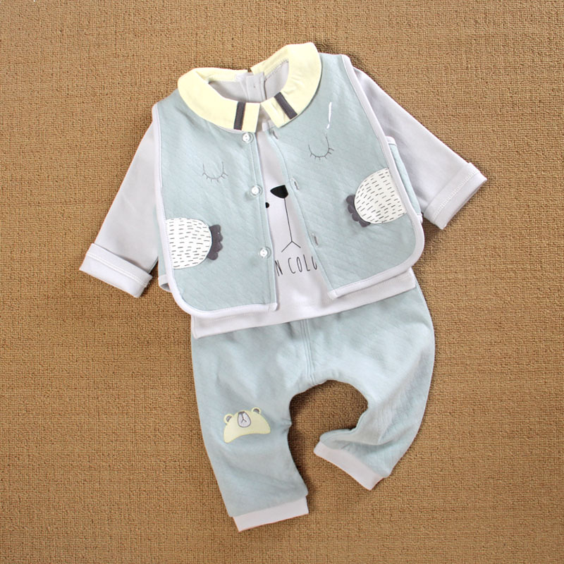 6一12个月3男宝宝春秋装外穿女婴儿衣服纯棉分体款马甲三件套装季