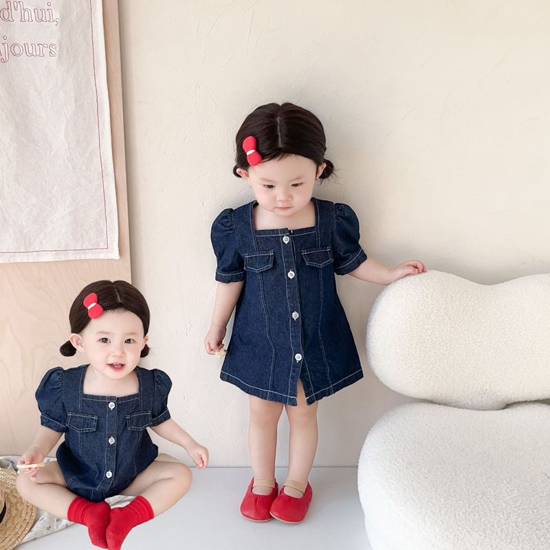 韩版夏季短袖婴儿衣服包屁哈衣泡泡袖牛仔公主连衣裙软牛仔姐妹装