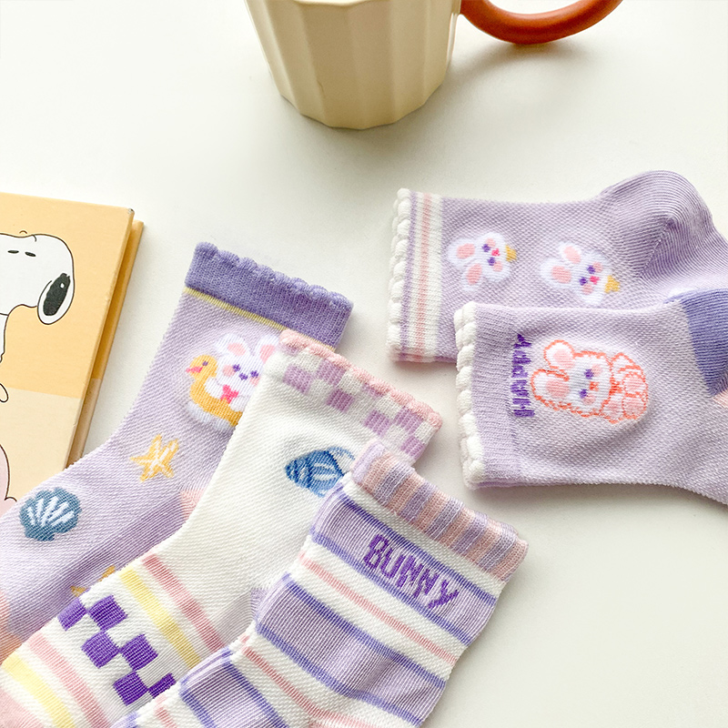 紫色儿童袜子春夏款纯棉中筒网眼宝宝女孩学生可爱卡通兔子童袜