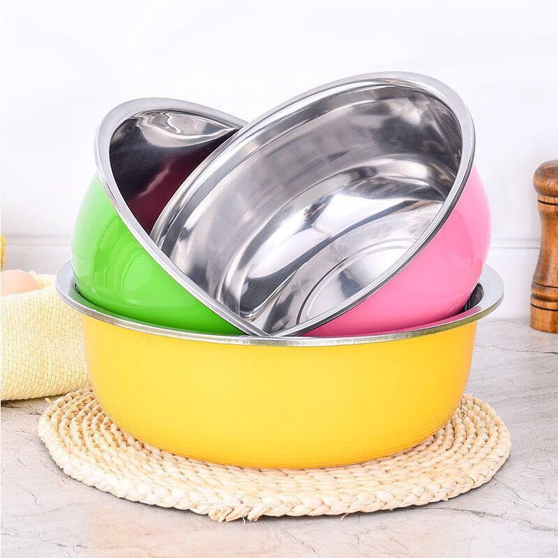 彩色圆形不锈钢盆加厚脸菜盆房盆汤盆套装厨洗和面盆。