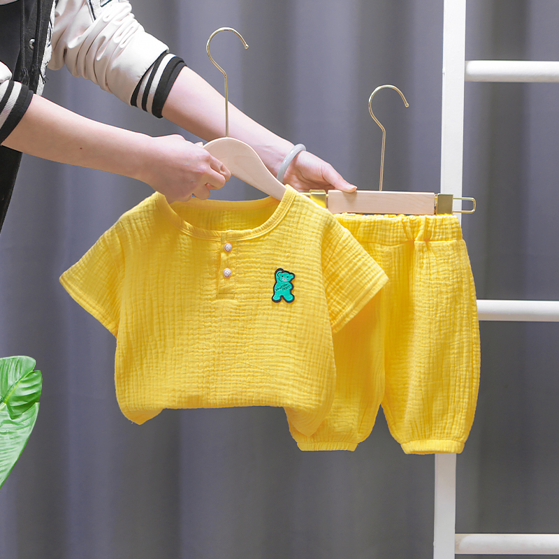 婴儿短袖两件套9小孩棉麻衣服8个月宝宝T恤7运动外套1岁亚麻3夏装