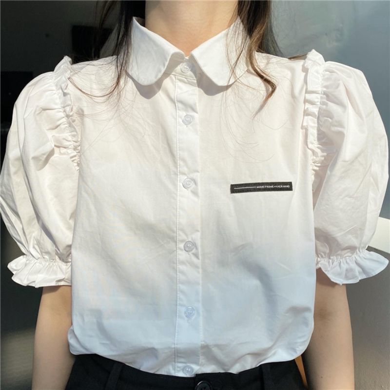 2024夏季新款韩版时尚百搭洋气小标花边短袖白色泡泡袖白色衬衫女