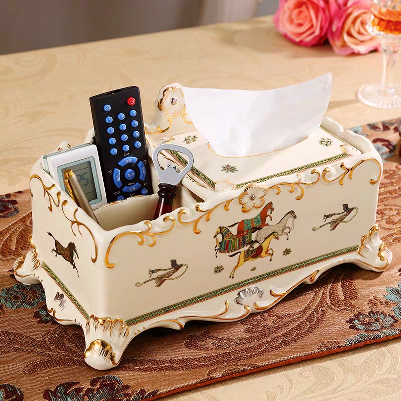 欧式奢华纸巾盒陶瓷摆件客厅茶几多功能抽纸盒装饰品遥控器收纳盒